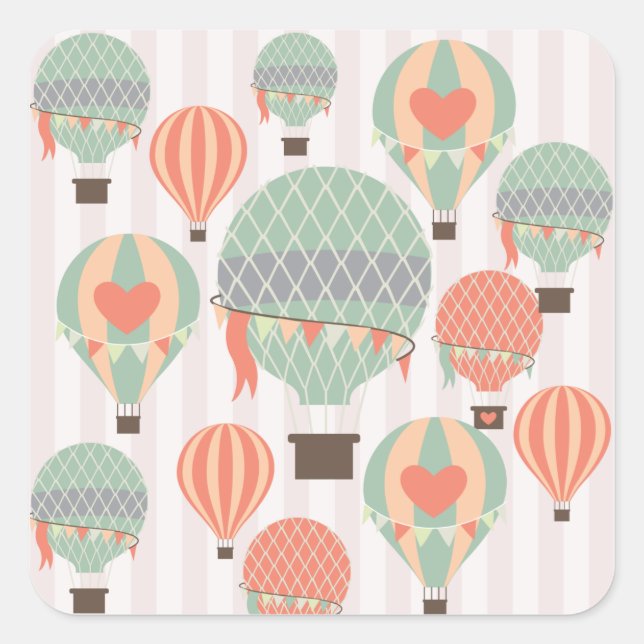 Pastel Hot Air Balloons Rising Pink Striped Sky Square Sticker (Front)