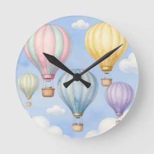 Pastel Hot Air Balloons Sky Round Clock