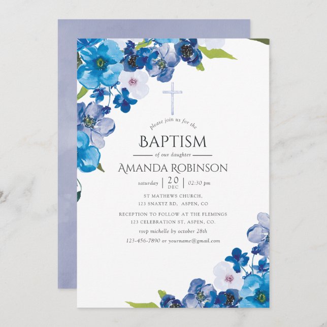 Pastel Hues of Blue Floral Baptism or Christening Invitation (Front/Back)