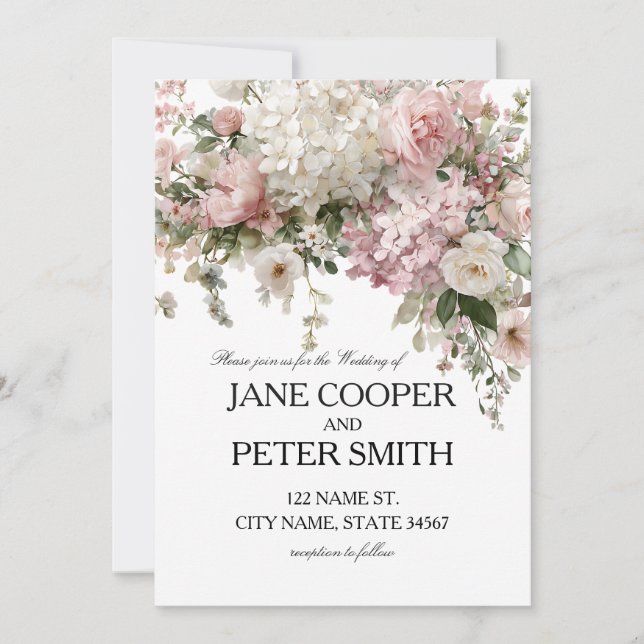 Pastel hydrangeas and roses. Budget Wedding Invitation (Front)