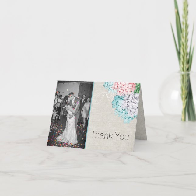 Pastel Hydrangeas Wedding Photo Thank You Card (Front)
