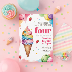 Pastel Ice Cream Cone Birthday   Girl’s Sweet  Invitation