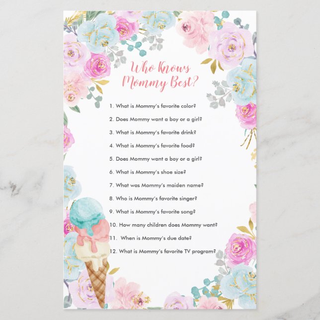 Pastel Ice Cream Floral Who Knows Mummy Best Game (Front)