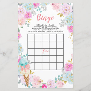Pastel Ice cream flowers baby shower Bingo Game