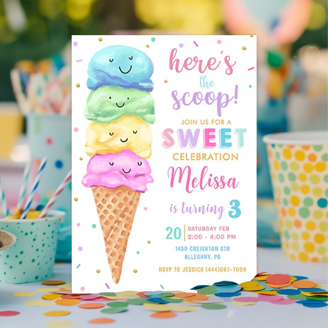 Pastel Ice Cream Here's the Scoop Birthday Invitation (Creator Uploaded)