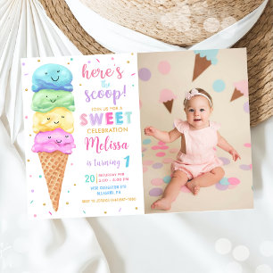 Pastel Ice Cream Here's the Scoop Birthday Photo Invitation