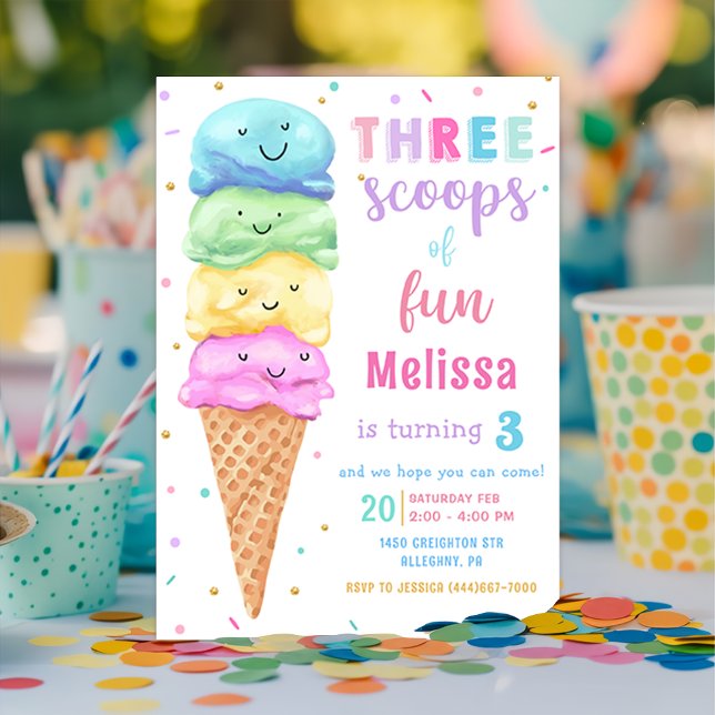 Pastel Ice Cream Three Scoops of Fun Birthday Invitation (Creator Uploaded)