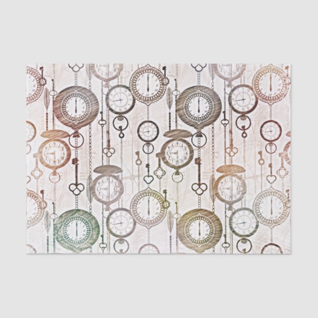 Pastel Illustrated Vintage Pocket Watches Pattern Tissue Paper (Front)