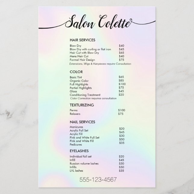 Pastel Iridescent Calligraphy Salon Service Menu (Front)