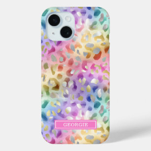 Pastel Iridescent Leopard Print Monogrammed iPhone 15 Case