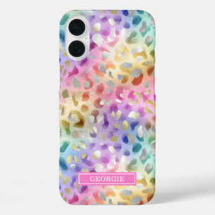 Pastel Iridescent Leopard Print Monogrammed iPhone 16 Plus Case