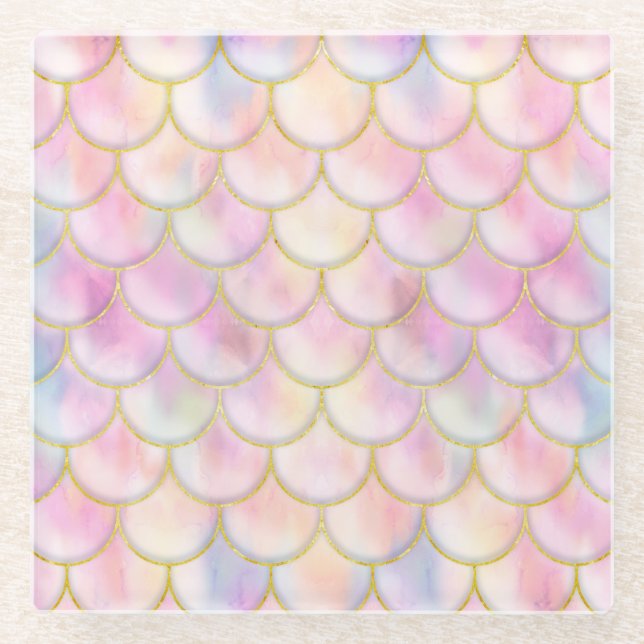 Pastel Iridescent Mermaid Scales Pattern Glass Coaster (Front)