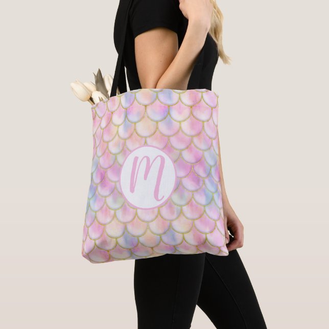 Pastel Iridescent Mermaid Scales Pattern Tote Bag (Close Up)