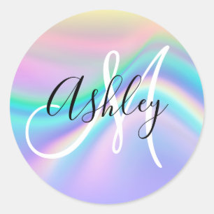 Pastel Iridescent Rainbow Wave Ombre Monogram Classic Round Sticker