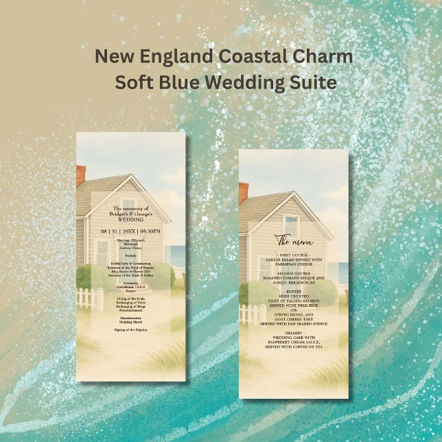 Pastel ivory Blue Cape Cod Coastal Wedding Dinner  Program (Creator Uploaded)