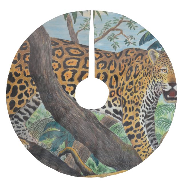 Pastel jaguar: jungle drawing. brushed polyester tree skirt (Front)
