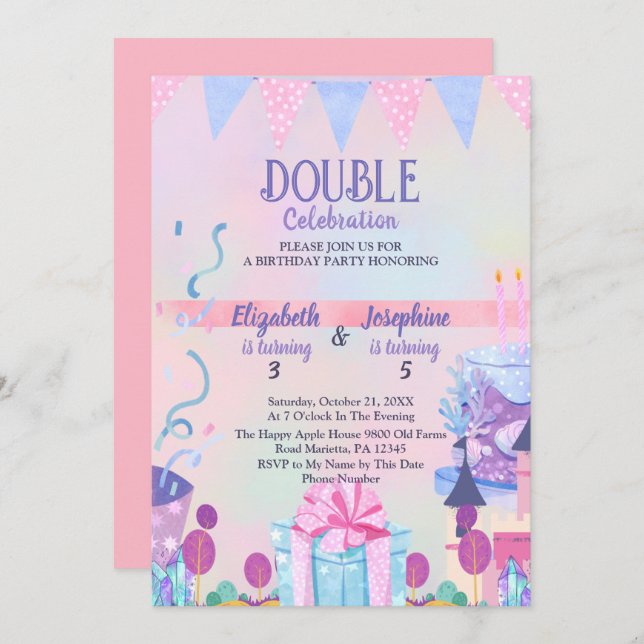 Pastel Joint Girls Double Birthday Celebration Invitation (Front/Back)