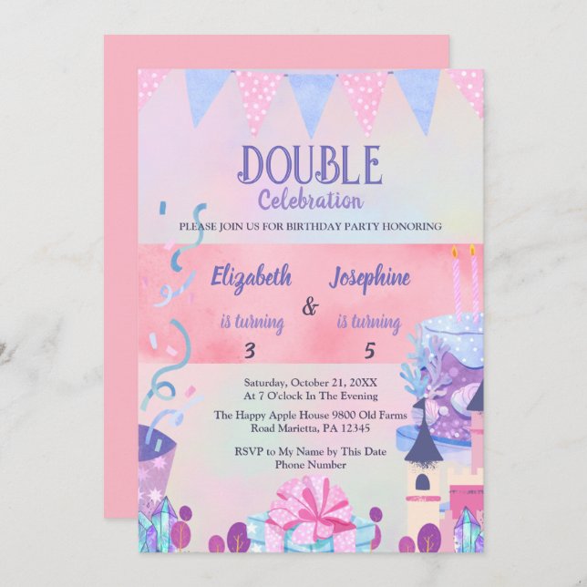 Pastel Joint Girls Double Birthday Celebration Invitation (Front/Back)