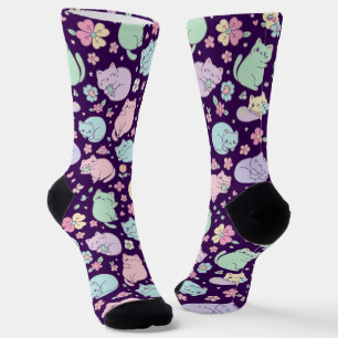 Pastel Kawaii Cats and Spring Flowers Pattern Socks