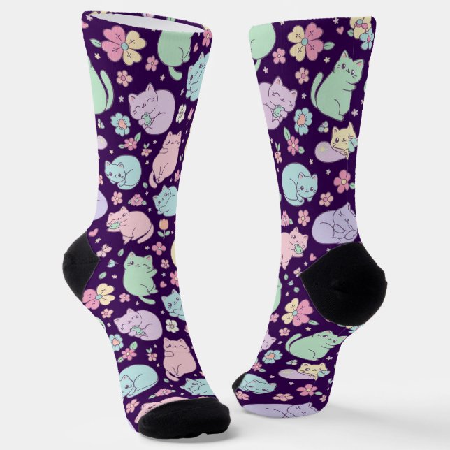 Pastel Kawaii Cats and Spring Flowers Pattern  Socks (Angled)