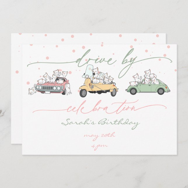 Pastel Kawaii Cats Surprise Celebration Parade Invitation (Front/Back)