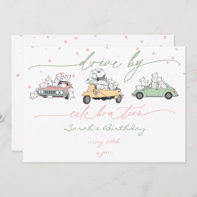 Pastel Kawaii Cats Surprise Celebration Parade Invitation (Front/Back)