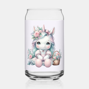 Pastel Kawaii Unicorn Doll with Flower Basket Can Glass