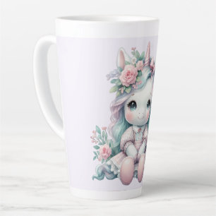 Pastel Kawaii Unicorn Doll with Flower Basket Latte Mug