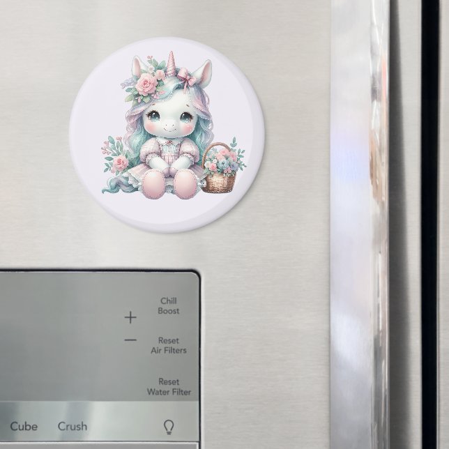 Pastel Kawaii Unicorn Doll with Flower Basket Magnet (In Situ (Fridge))