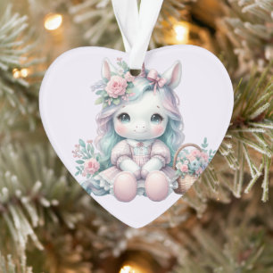Pastel Kawaii Unicorn Doll with Flower Basket Ornament