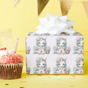 Pastel Kawaii Unicorn Doll with Flower Basket Wrapping Paper