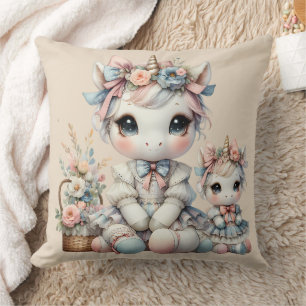 Pastel Kawaii Unicorn Mother Daughter Duo Beige Cushion