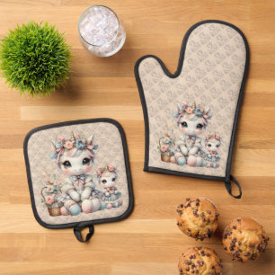 Pastel Kawaii Unicorn Mother Daughter Duo Beige Oven Mitt & Pot Holder Set