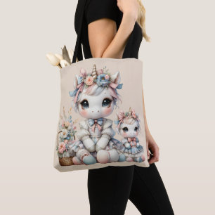 Pastel Kawaii Unicorn Mother Daughter Duo Beige Tote Bag