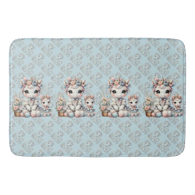 Pastel Kawaii Unicorn Mother Daughter Duo Blue Bath Mat (Front)