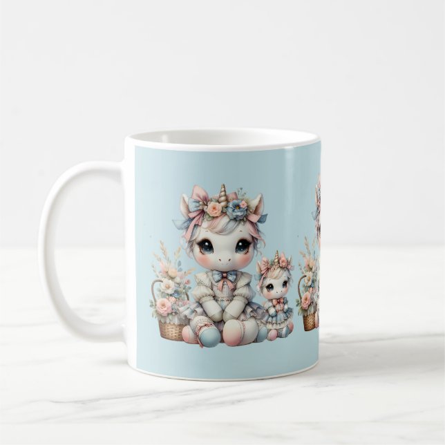 Pastel Kawaii Unicorn Mother Daughter Duo Blue Coffee Mug (Left)