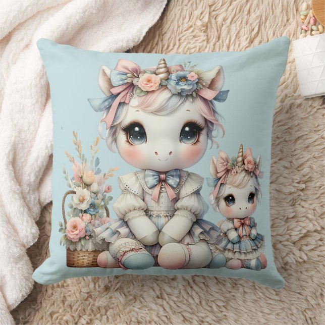Pastel Kawaii Unicorn Mother Daughter Duo Blue Cushion (Blanket)