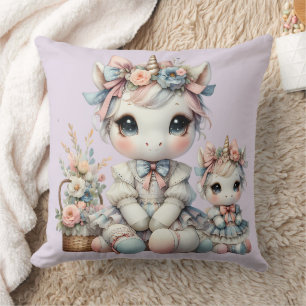 Pastel Kawaii Unicorn Mother Daughter Duo Lavender Cushion