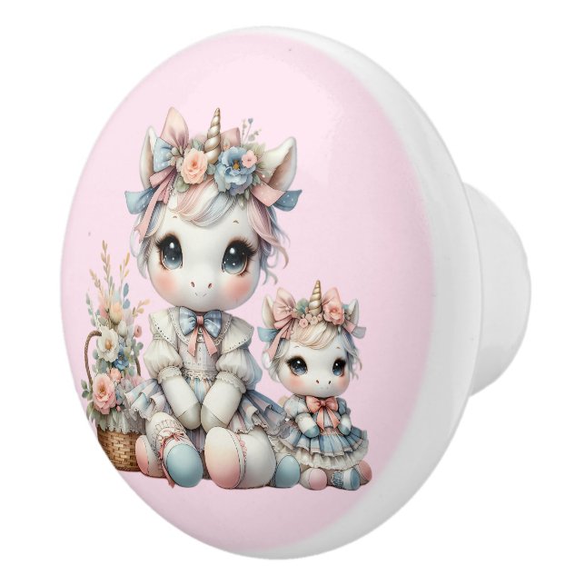 Pastel Kawaii Unicorn Mother Daughter Duo Pink Ceramic Knob (Right)