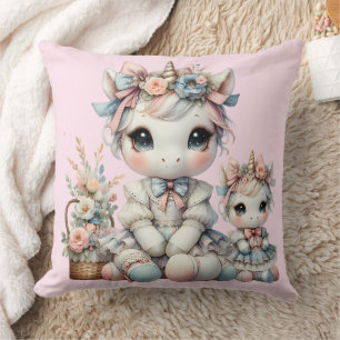 Pastel Kawaii Unicorn Mother Daughter Duo Pink Cushion
