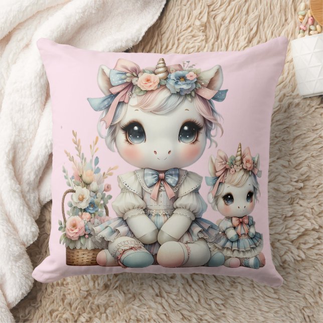 Pastel Kawaii Unicorn Mother Daughter Duo Pink Cushion (Blanket)
