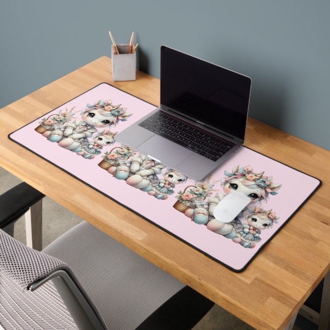 Pastel Kawaii Unicorn Mother Daughter Duo Pink Desk Mat (Office 2)