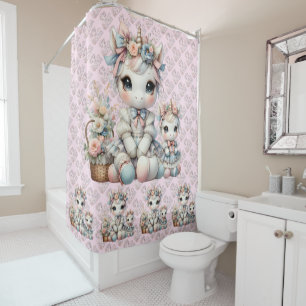 Pastel Kawaii Unicorn Mother Daughter Duo Pink Shower Curtain