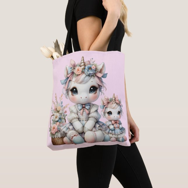 Pastel Kawaii Unicorn Mother Daughter Duo Pink Tote Bag (Close Up)