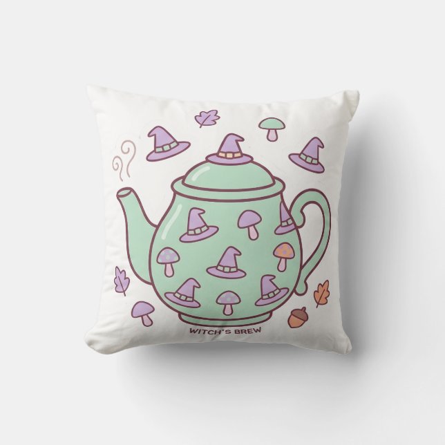 Pastel Kawaii Witch's Brew Teapot Throw Pillow (Front)