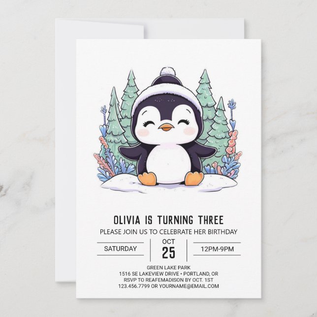 Pastel Kids Penguin Digital Birthday Invitation (Front)