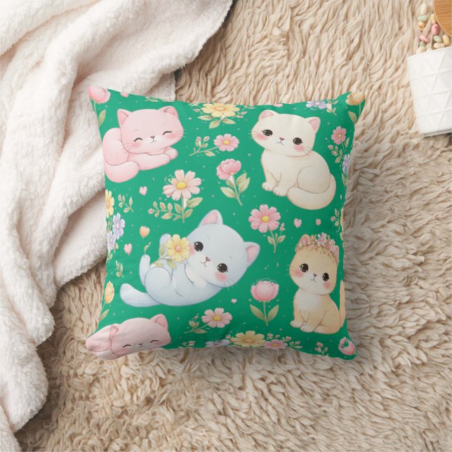 Pastel Kitten and Floral Pattern Throw Pillow (Blanket)