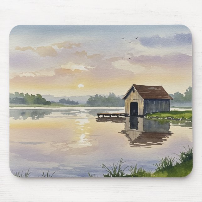 Pastel Lake Sunset Dock Cabin Tranquillity Mouse Pad (Front)