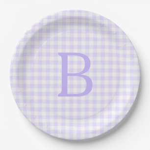 Pastel Lavender and White Gingham Monogram Paper Plate