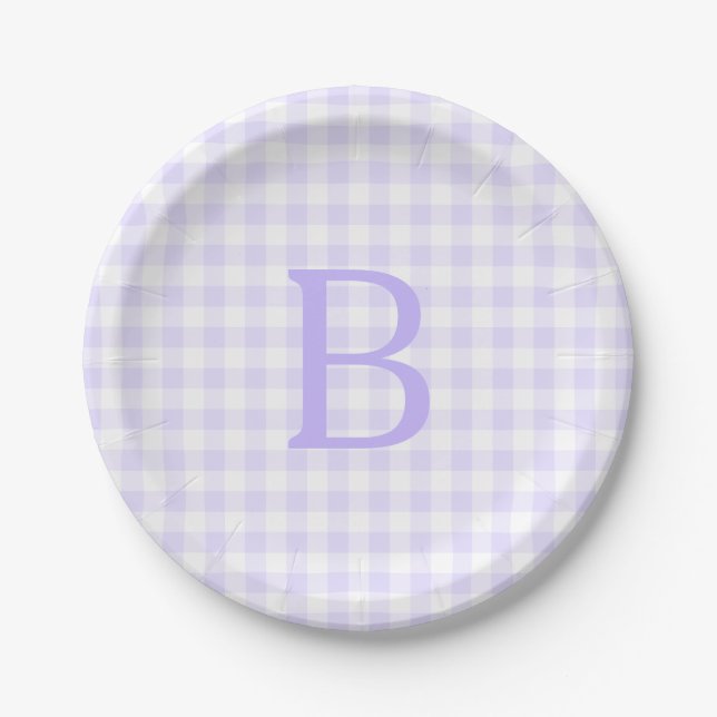Pastel Lavender and White Gingham Monogrammed Paper Plate (Front)